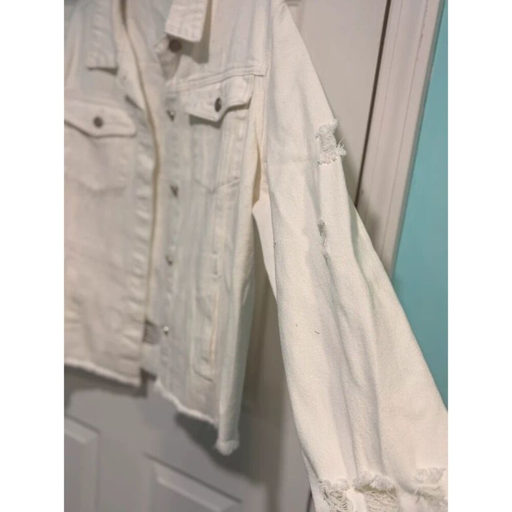 White Distressed Denim Jacket Frayed Hem Oversized Shacket Size XL